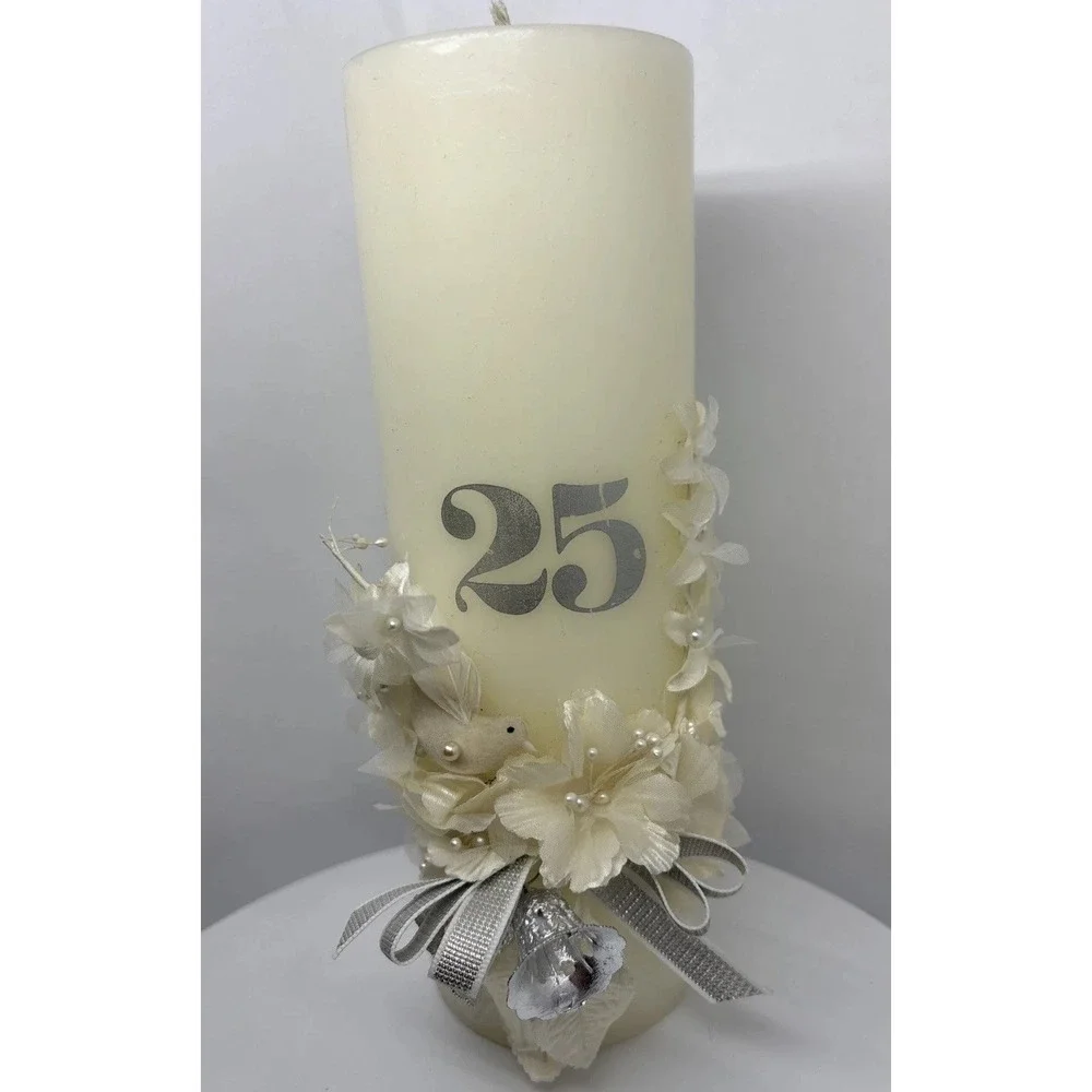25th Anniversary Candle Cream Color Silver 25‎ Dove Bell Silk Flowers 9